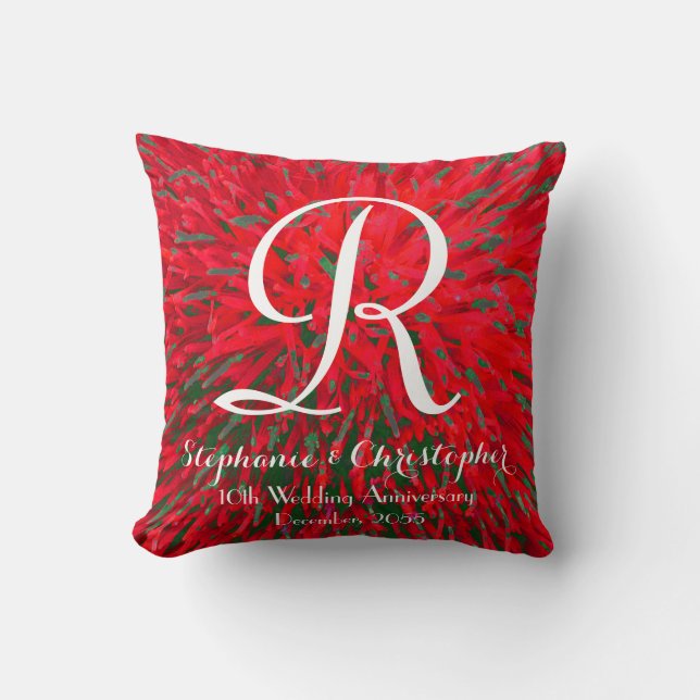 Red Green Monogram Christmas Anniversary Gift Throw Pillow (Front)
