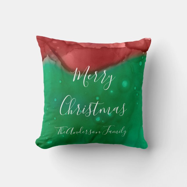 Red Green Monogram Merry Christmas Throw Pillow (Front)