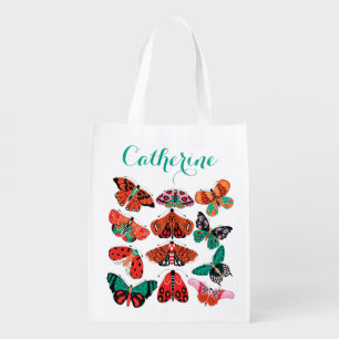 Red Green moths and butterflies grocery bag