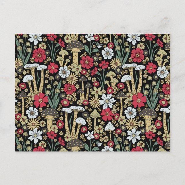 Red & Green Mushrooms & Flowers Postcard (Front)