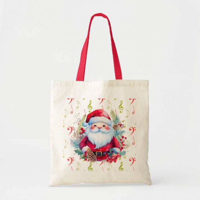 Red Green Music Notes and Santa Claus Tote Bag (Front)