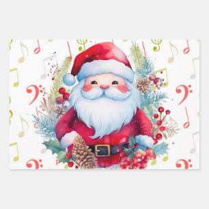 Red Green Music Notes and Santa Claus Wrapping Paper Sheets