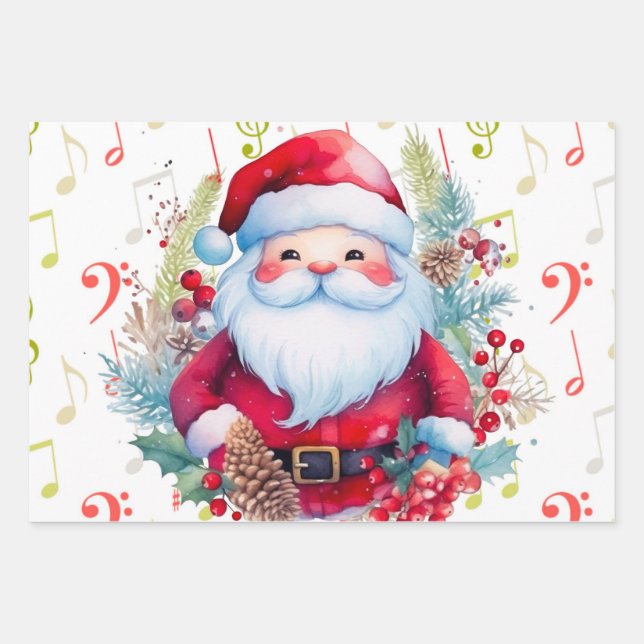 Red Green Music Notes and Santa Claus Wrapping Paper Sheets (Front)