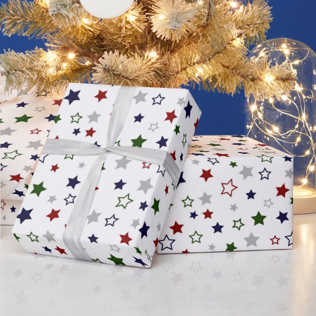 Red Green Navy Gray and White Stars Wrapping Paper (Holidays)