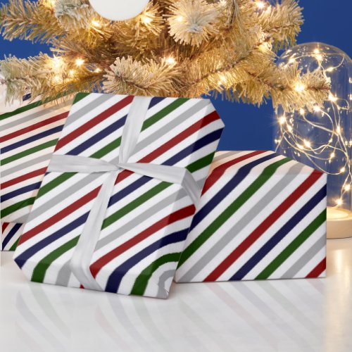 Red Green Navy Gray and White Striped  Wrapping Paper