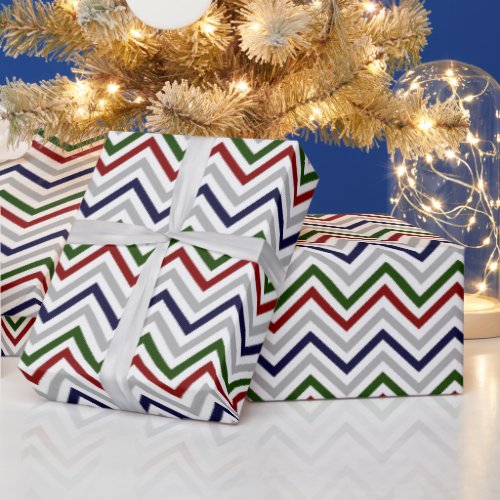 Red Green Navy Gray and White Zig Zag Wrapping Paper