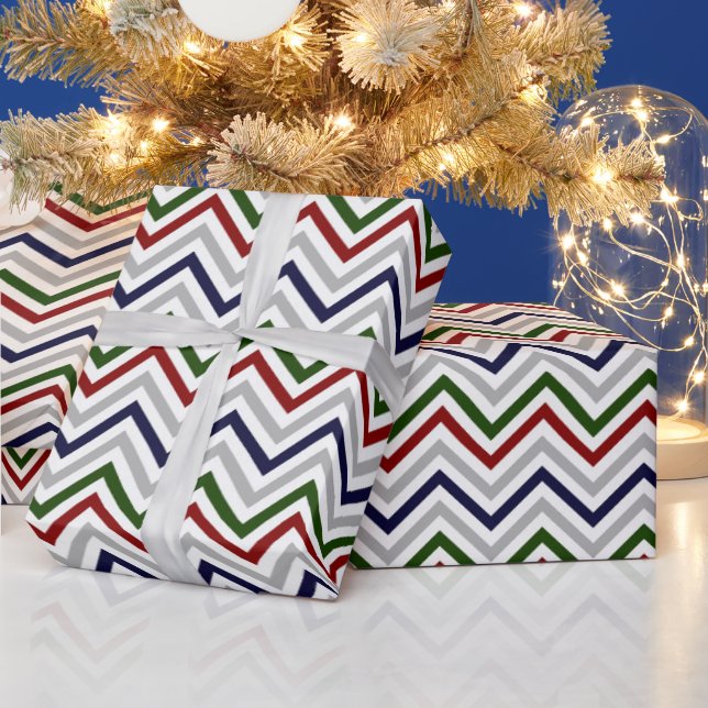 Red Green Navy Gray and White Zig Zag Wrapping Paper (Holidays)