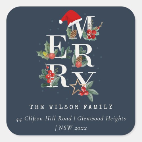 Red Green Navy Merry Christmas Foliage Address Square Sticker