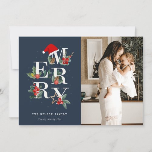 Red Green Navy Merry Christmas Foliage Photo Holiday Card