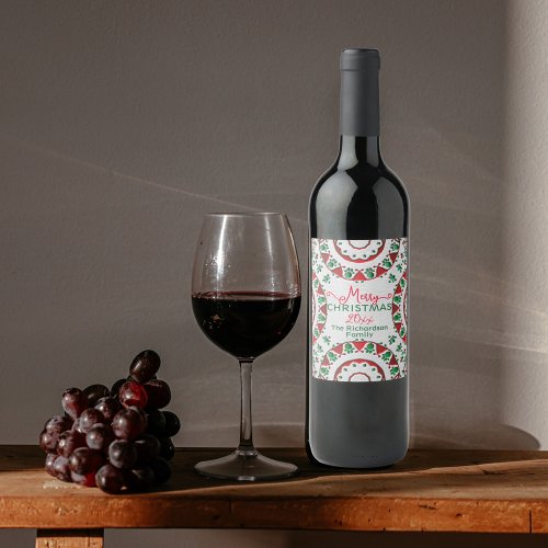 Red Green Nordic Folk Motifs On Linen Christmas Wine Label