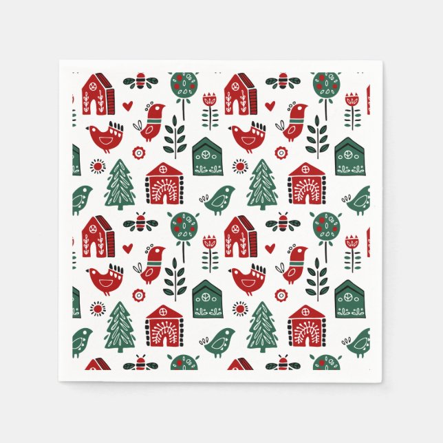 Red & Green Nordic Scandinavian Christmas Pattern Napkins (Front)