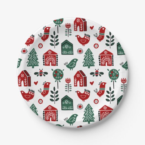 Red  Green Nordic Scandinavian Christmas Pattern Paper Plates