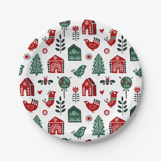 Red & Green Nordic Scandinavian Christmas Pattern Paper Plates (Front)