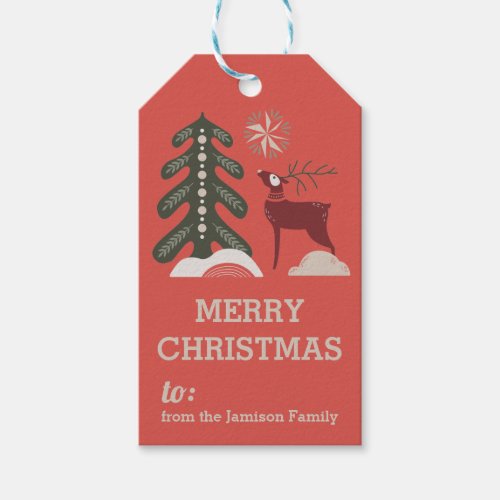 Red Green Nordic Tree and Reindeer Christmas Gift Tags
