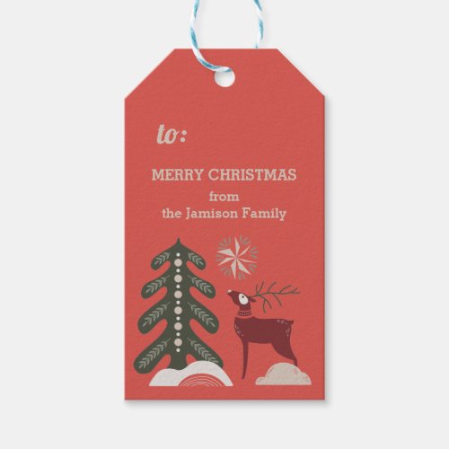 Red Green Nordic Tree and Reindeer Christmas Gift Tags