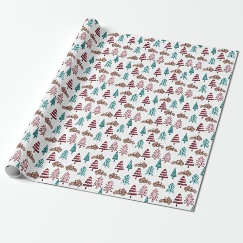 Red  Green Old Truck Christmas Tree Delivery Wrapping Paper