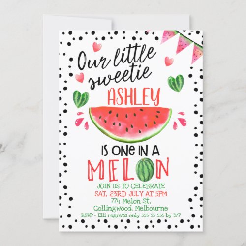 Red Green One In A Melon Themed 1st Birthday Invitation