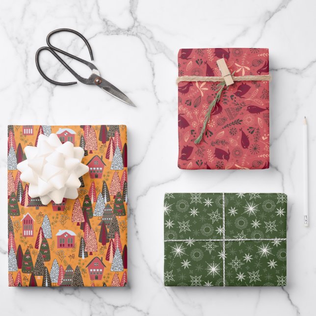 Red Green Orange Christmas Forest Village Wrapping Paper Sheets (Front)