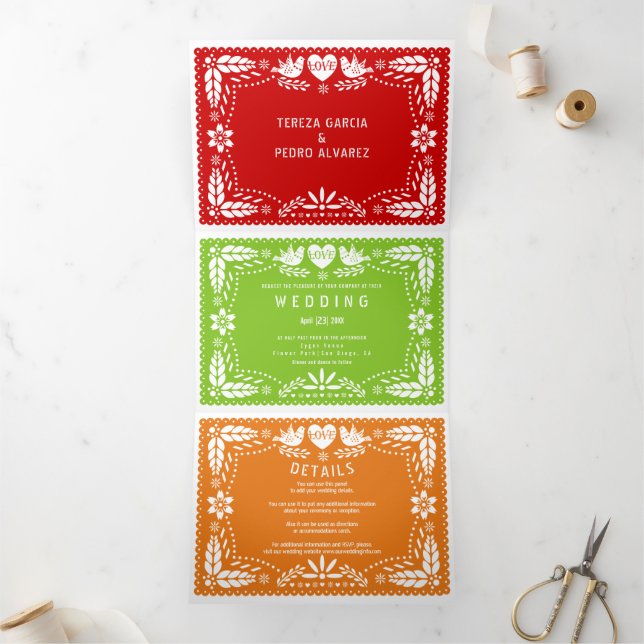 Red, green, orange papel picado lovebirds wedding Tri-Fold invitation (Inside)