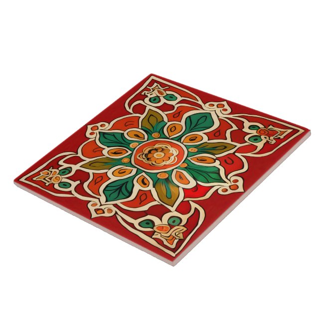 Red Green Orange Yellow Azulejos Floral Pattern Ceramic Tile (Side)