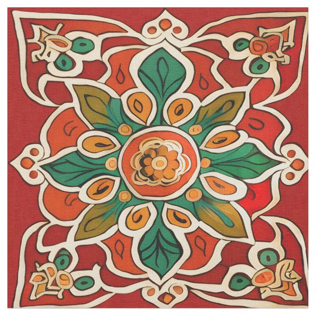 Red Green Orange Yellow Azulejos Floral Pattern Fabric (Close Up)