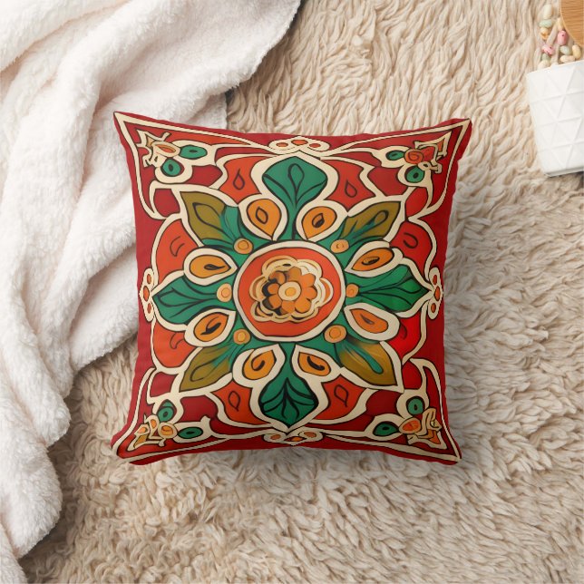 Red Green Orange Yellow Azulejos Floral Pattern Throw Pillow (Blanket)
