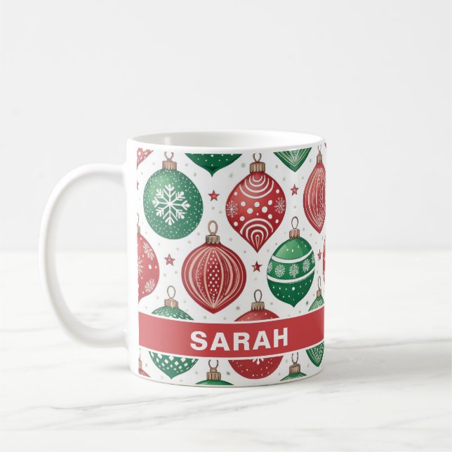 Red & Green Ornaments Stars Christmas Coffee Mug (Left)