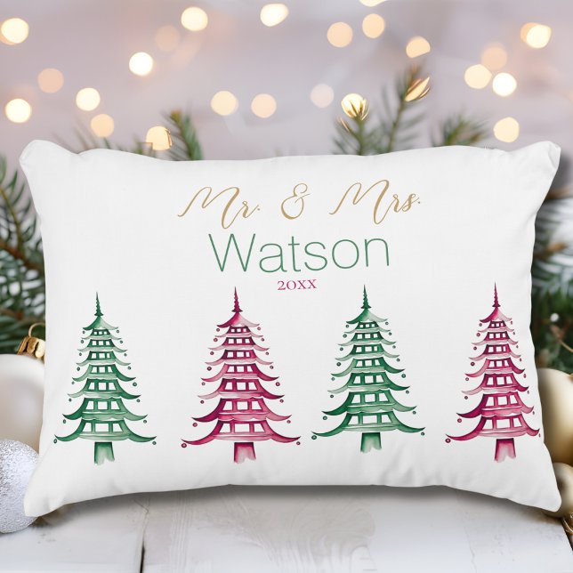 Red green Pagoda Christmas Tree Mr. and Mrs. Accent Pillow (Red green Pagoda Christmas Tree Mr. and Mrs. Accent Pillow)