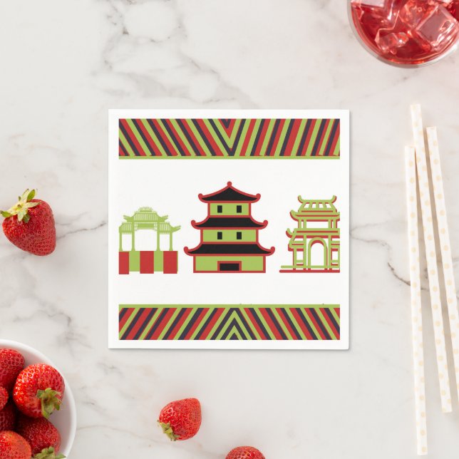 Red Green Pagoda Stripe Chinese Napkins (Insitu)