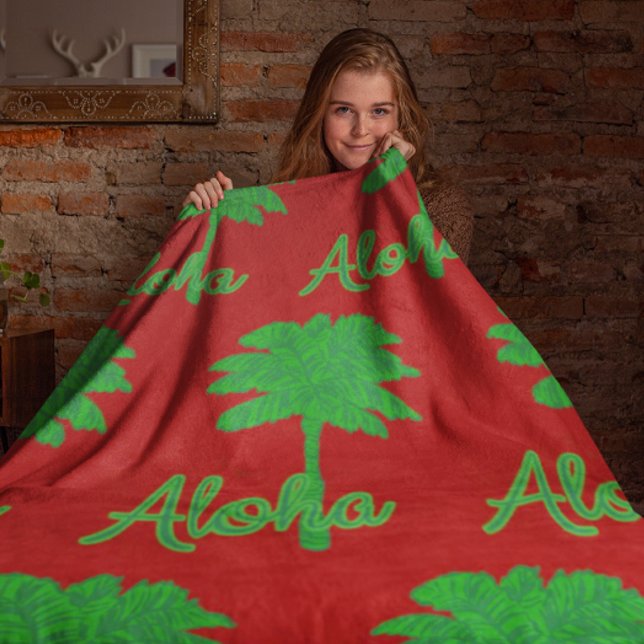 Red Green Palm Aloha Tropical Holiday Fleece Blanket (Pretend you're in Hawaii this Christmas!)