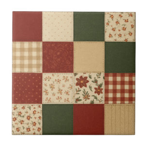 Red Green Patchwork Quilt Rustic Farmhouse Floral Ceramic Tile