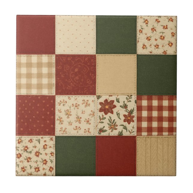 Red Green Patchwork Quilt Rustic Farmhouse Floral Ceramic Tile (Front)