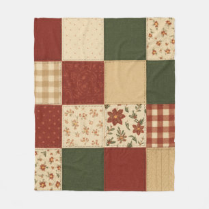 Red Green Patchwork Quilt Rustic Farmhouse Floral Fleece Blanket