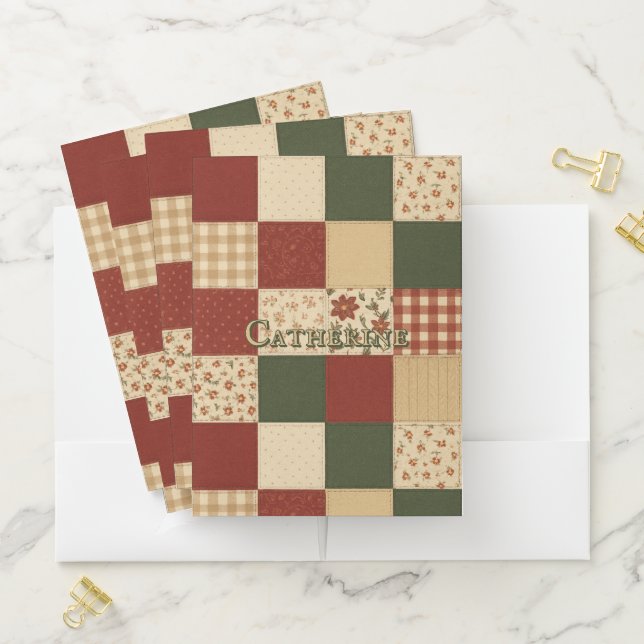 Red Green Patchwork Quilt Rustic Farmhouse Floral Pocket Folder (In Situ)