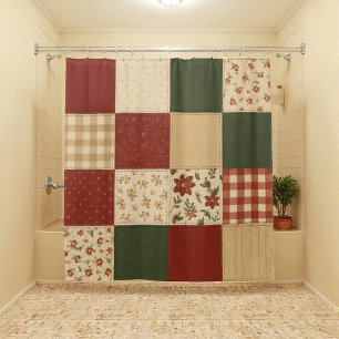 Red Green Patchwork Quilt Rustic Farmhouse Floral Shower Curtain