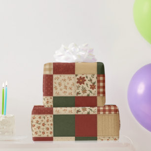 Red Green Patchwork Quilt Rustic Farmhouse Floral Wrapping Paper