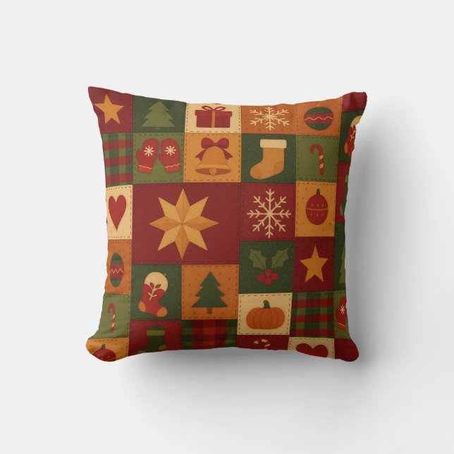 Red Green Patchwork Quilt Rustic Farmhouse  Throw Pillow (Front)