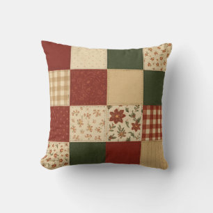 Red Green Patchwork Quilt Rustic Farmhouse  Throw Pillow