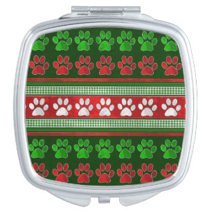 Red green paw print pattern compact mirror
