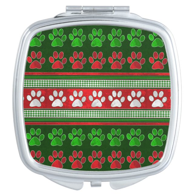 Red green paw print pattern compact mirror (Front)