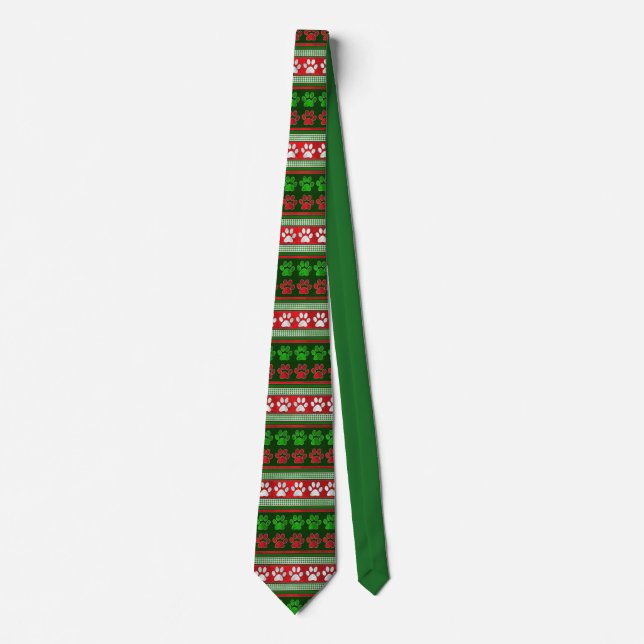 Red green paw print pattern holiday necktie (Front)