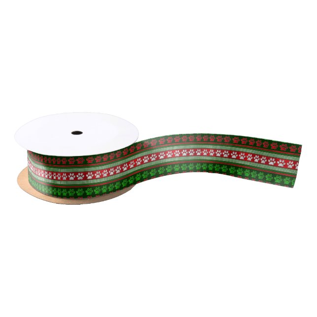 Red green paw print pattern holiday ribbon (Spool)