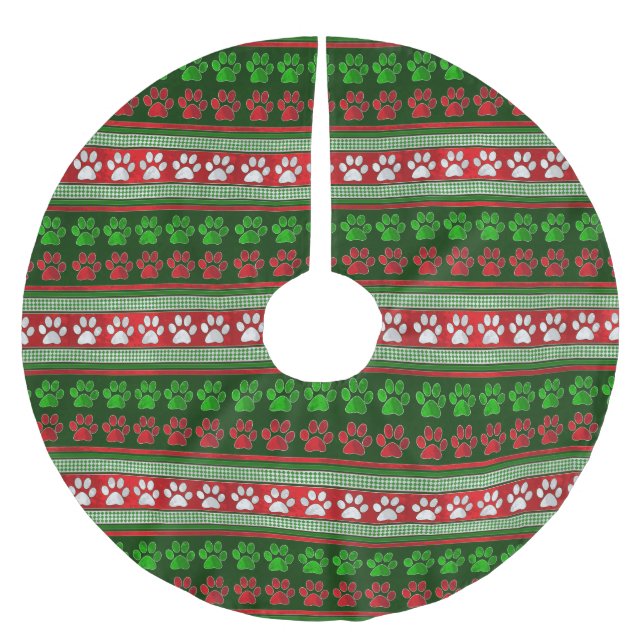 Red green paw print pattern holiday tree skirt (Front)