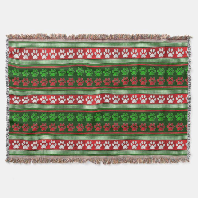 Red green paw print pattern throw blanket (Front)