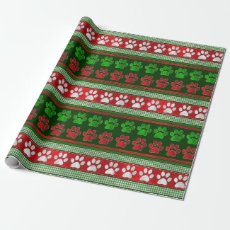 Red green paw print pattern wrapping paper