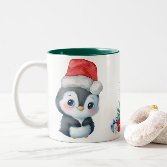 Red Green Penguin Santa Merry Christmas Party Two-Tone Coffee Mug (With Donut)