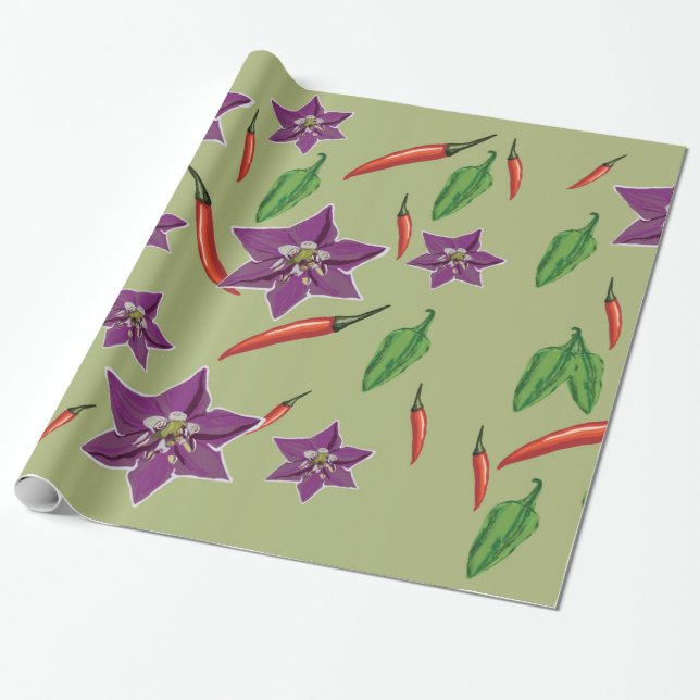 Red , Green Peppers, Chili Peppers, Purple Blossom Wrapping Paper (Unrolled)