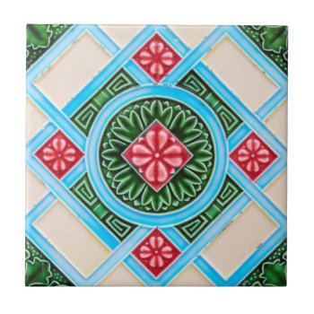 Red Green Peranakan Floral Geometric Ornamental Tile by wheresmymojo at Zazzle