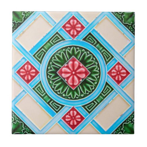 Red Green Peranakan Floral Geometric Ornamental Tile