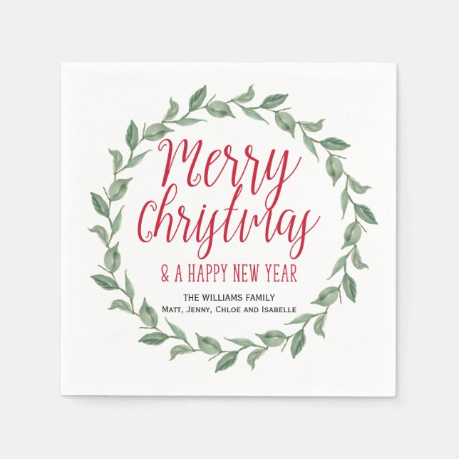 Red Green Personalized Merry Christmas Wreath Napkins (Front)